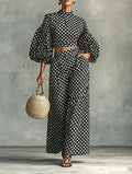 Polka Dot Puff Sleeve Crop Top Wide Leg Pants Two Piece Set