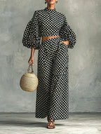 Polka Dot Puff Sleeve Crop Top Wide Leg Pants Two Piece Set