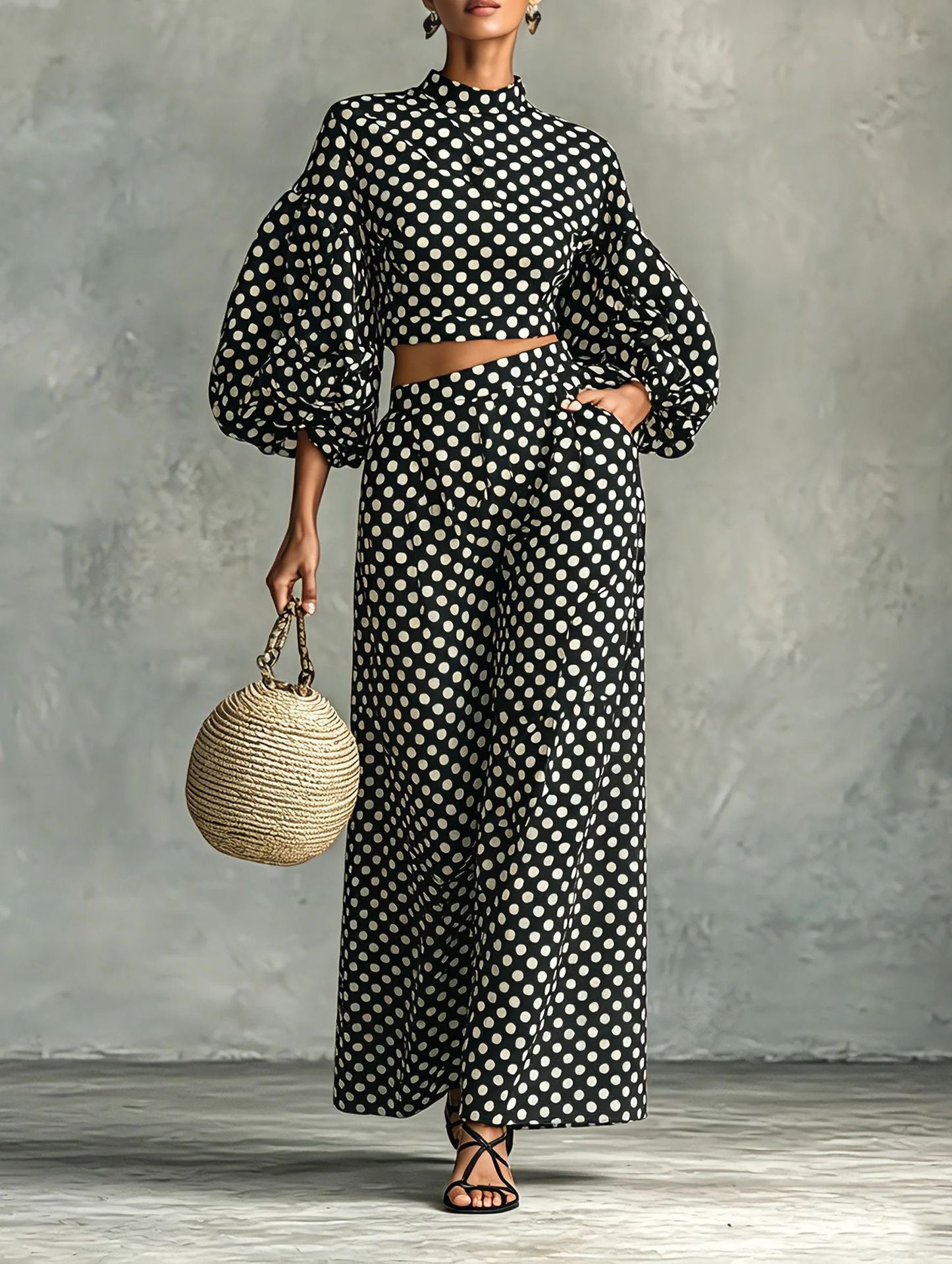 Polka Dot Puff Sleeve Crop Top Wide Leg Pants Two Piece Set