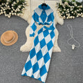 Lozenge Printed Cardigan&Skirt 2Pcs