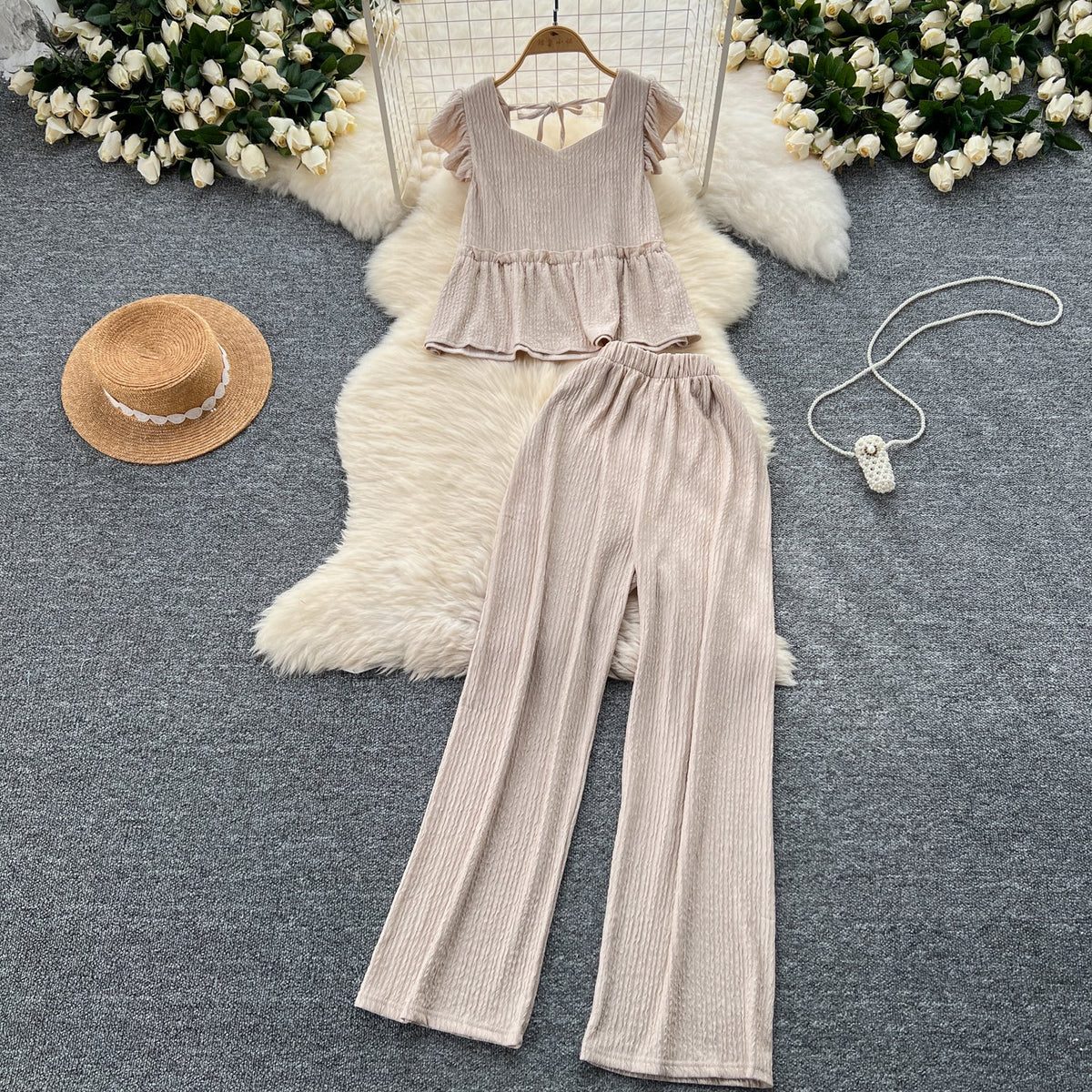Loose Top&Trousers Solid Color 2Pcs