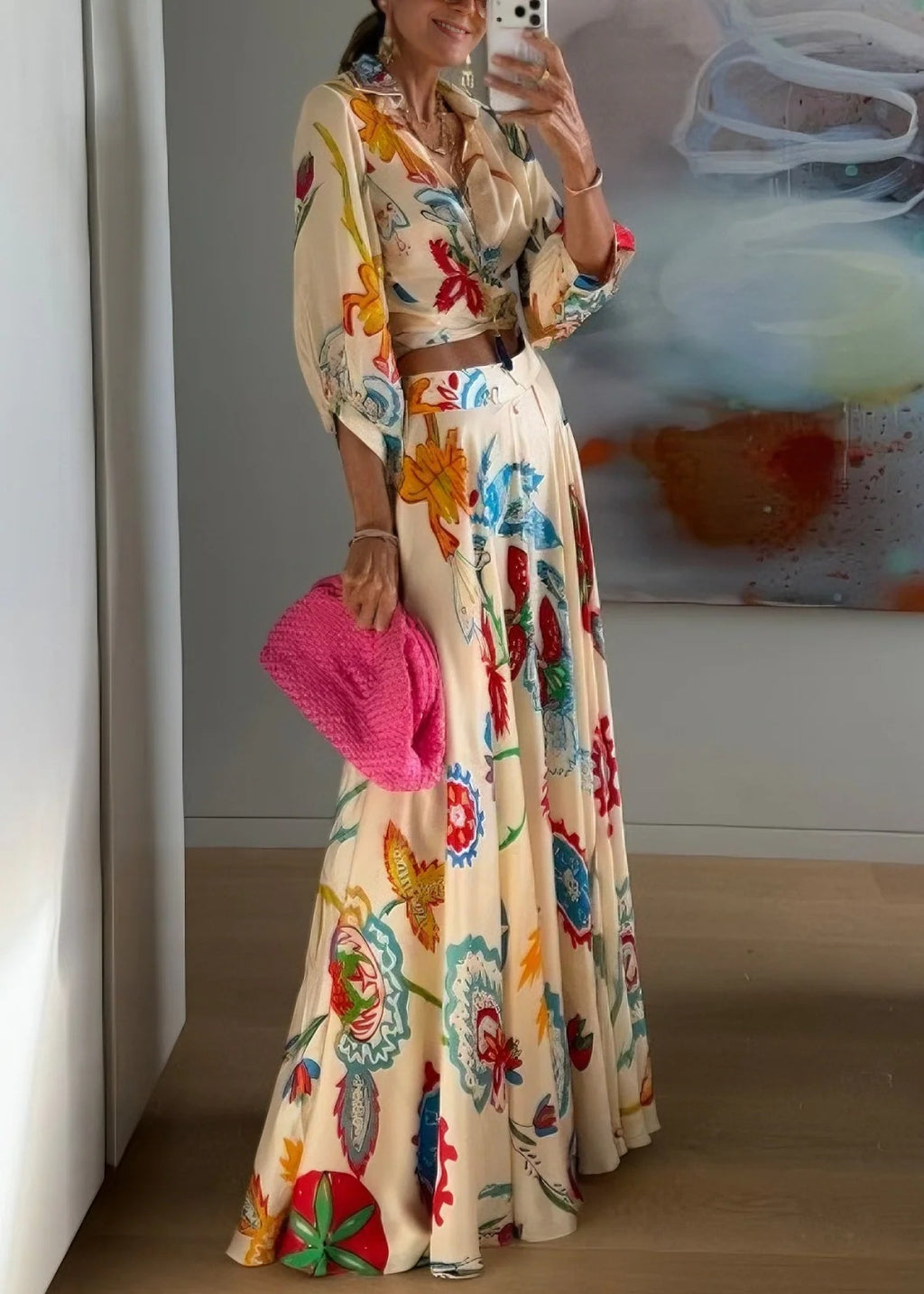 Colorful Floral Tie‑Front Shirt & Maxi Skirt Set Women Cutout Long Sleeve Two‑Piece Outfit