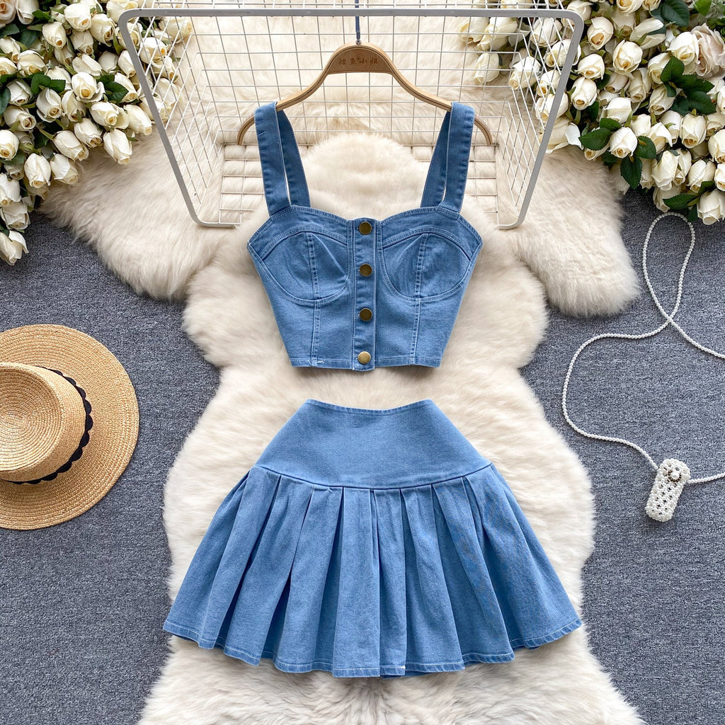 Camisole&Pleated Skirt Denim 2Pcs