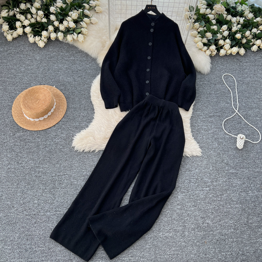 Turtleneck Cardigan&Wide-leg Trousers 2Pcs