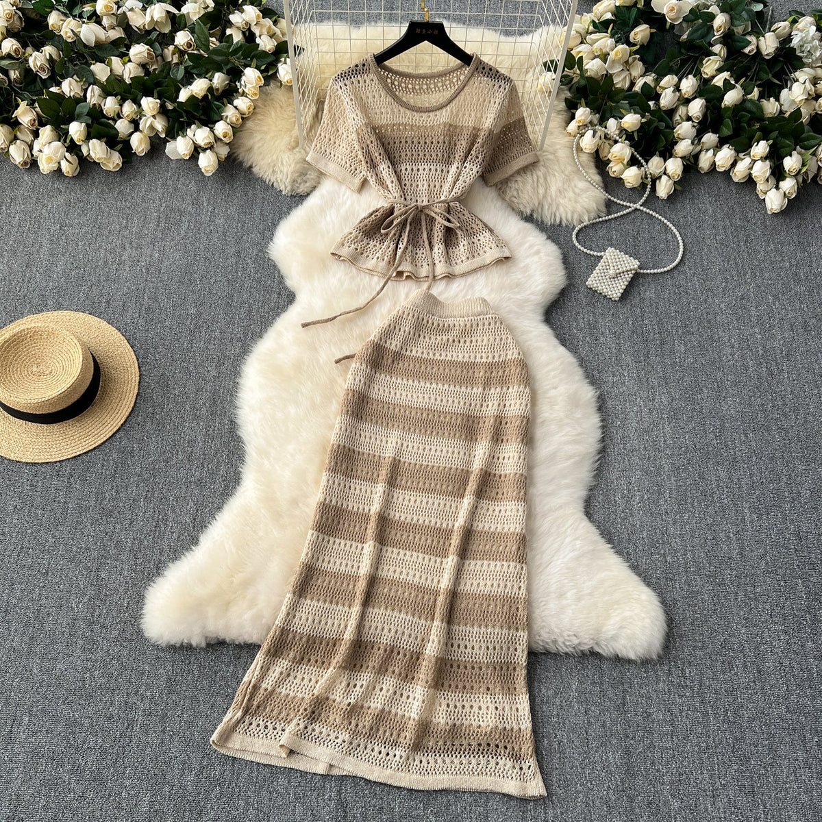 Knitwear&Skirt Color-blocking Striped 2Pcs