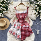 Plaid Floral Patchwork Slip Dress