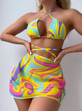 Neck Tie Striped Printed Mesh Three-piece Bikini