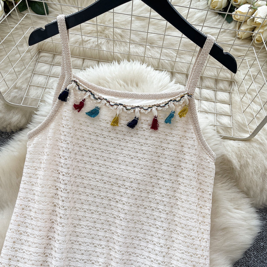 Bohemian Style Hollowed Fringed Slip Dress
