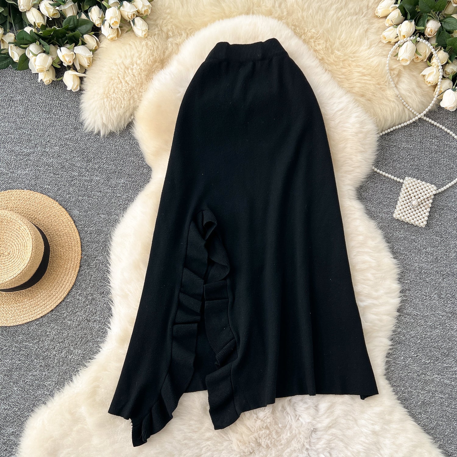 Solid Color Ruffled Knitted Skirt