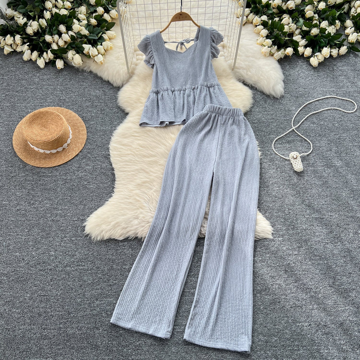 Loose Top&Trousers Solid Color 2Pcs