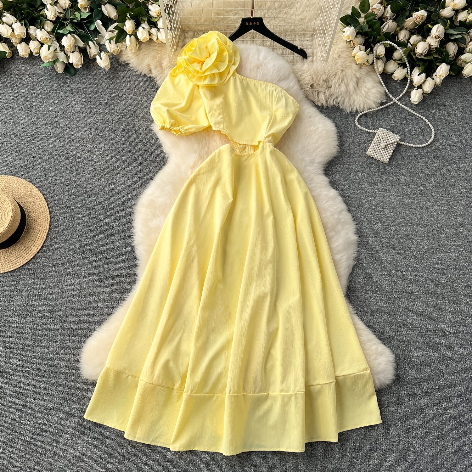3D Floral One-shoulder Hollowed Dress