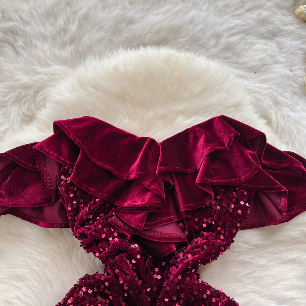 Ruffled Neckline Sequined Velvet Dress