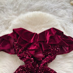 Ruffled Neckline Sequined Velvet Dress