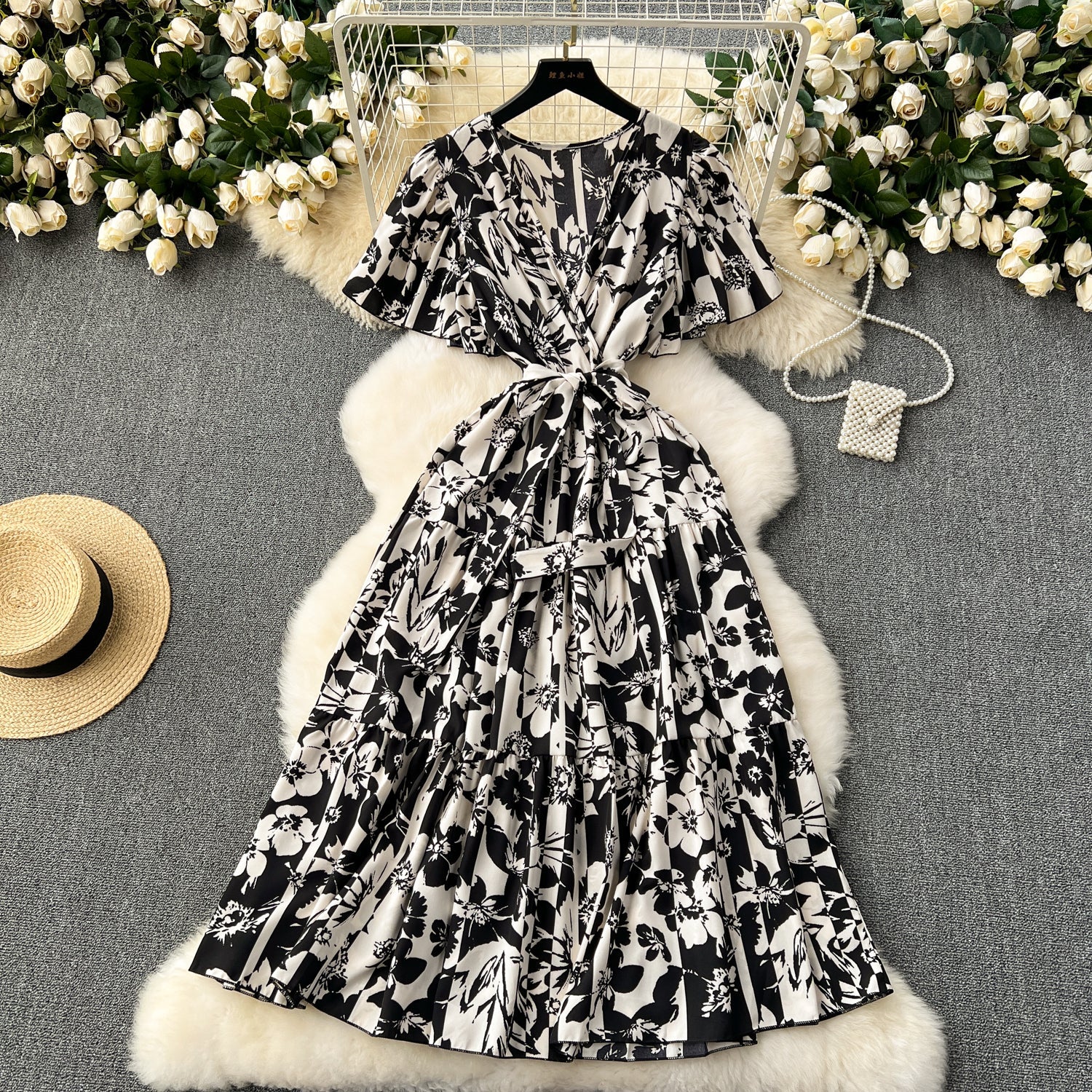 Vintage Ruffled Floral Chiffon Dress