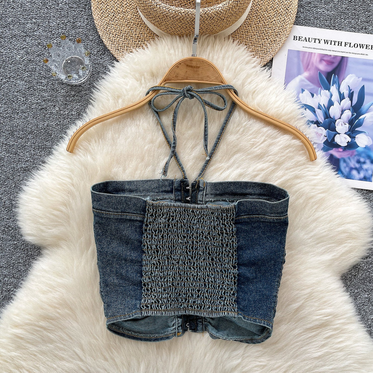 Vintage Denim Pleated Halter Top