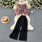 Floral Chiffon Top&Wide-leg Trousers 2Pcs