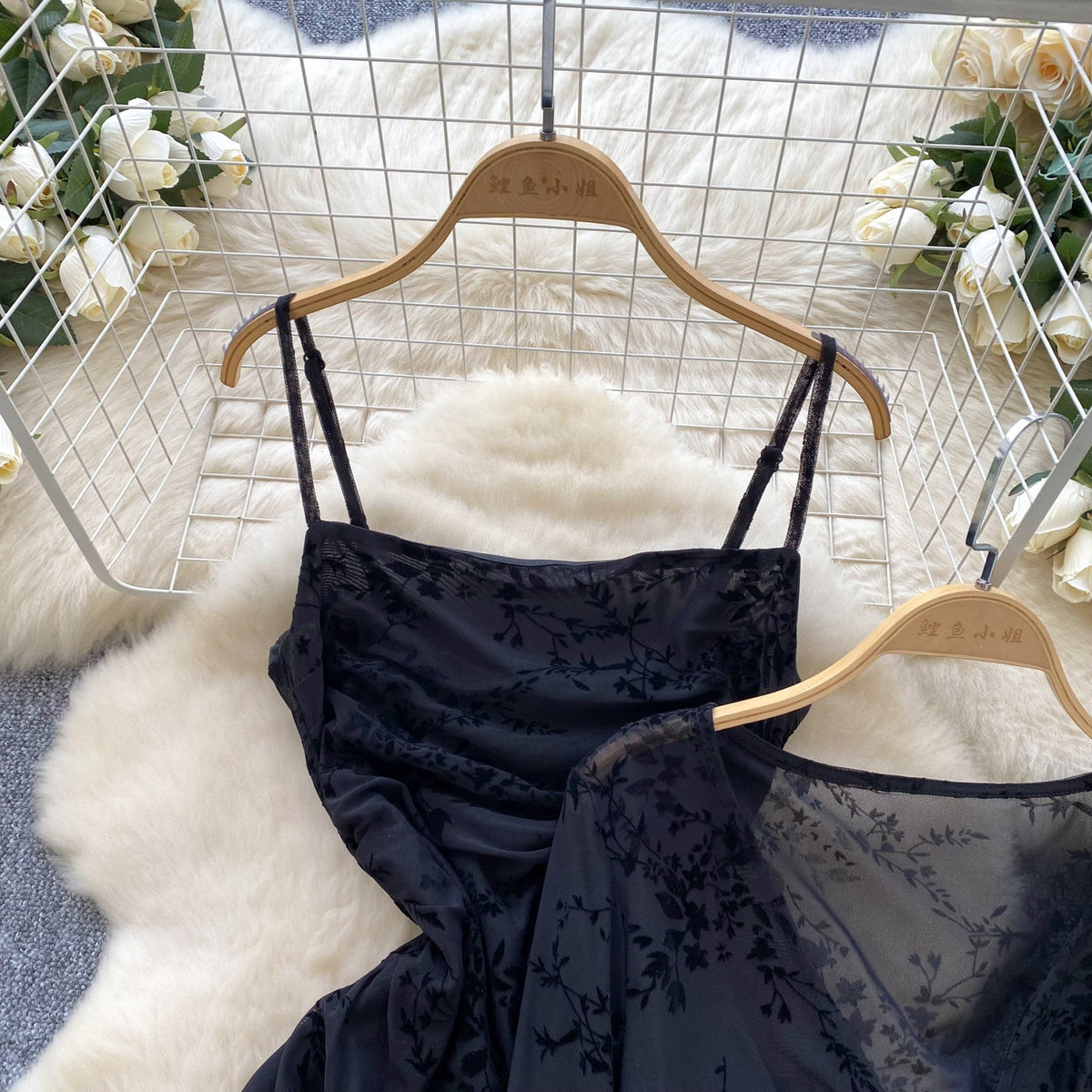 Mesh Cape & Embroidered Black Dress 2Pcs