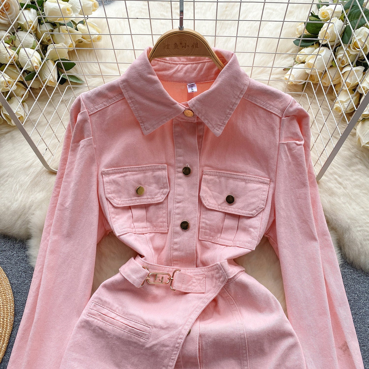Vintage Candy Color Denim Shirt Dress