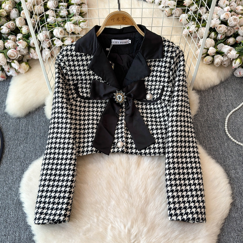 Bow Cardigan&Skirt Houndstooth 2Pcs