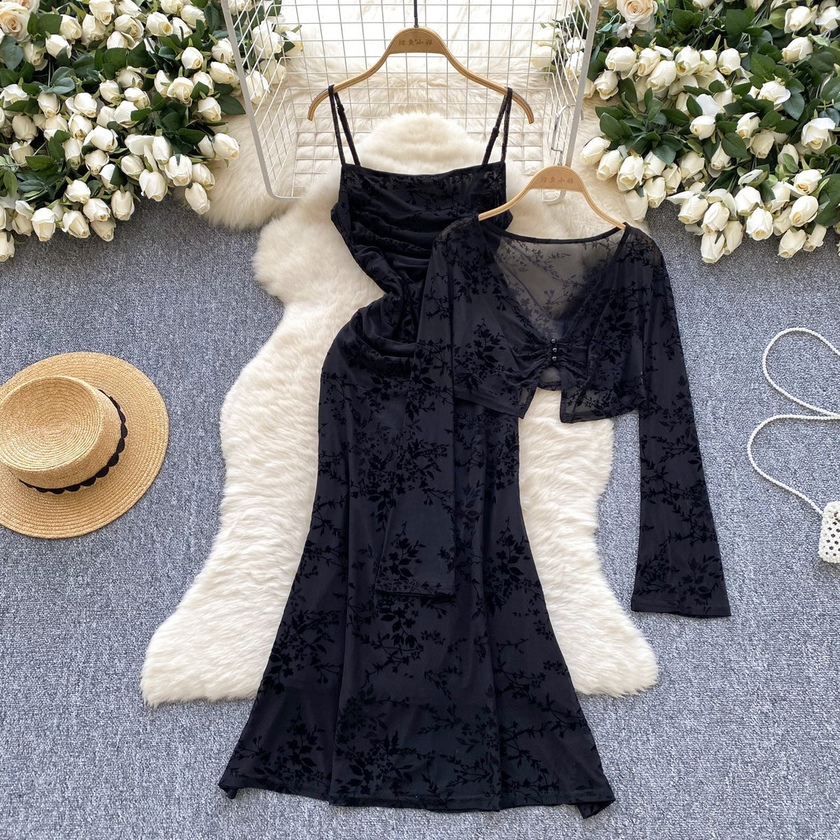 Mesh Cape & Embroidered Black Dress 2Pcs