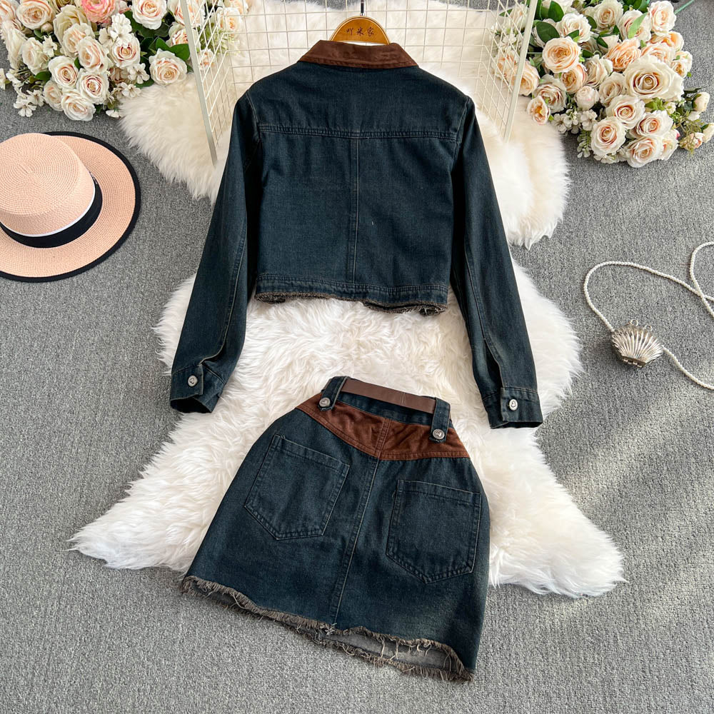Chic Jacket&Skirt Denim 2Pcs Set