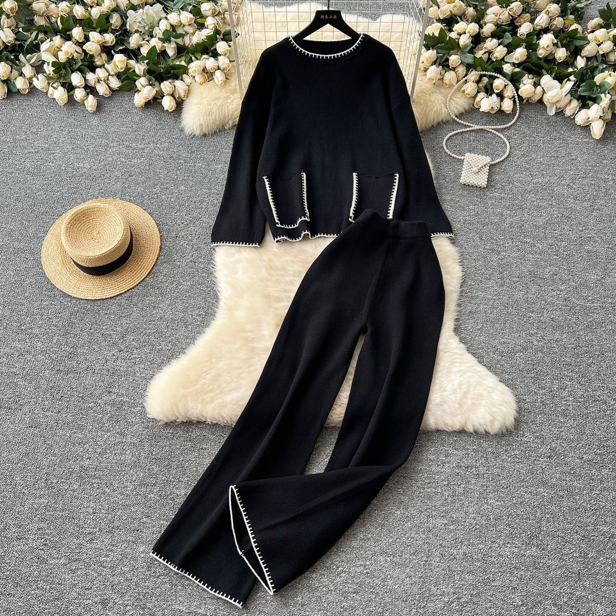 Round-collar Sweater&Trousers 2Pcs
