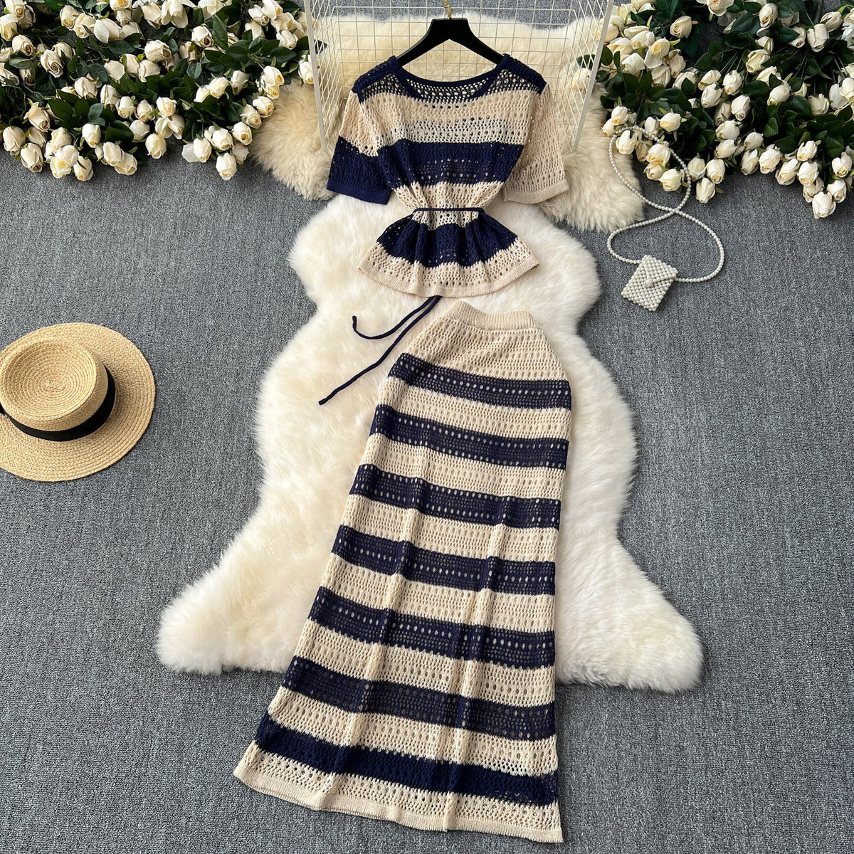 Knitwear&Skirt Color-blocking Striped 2Pcs