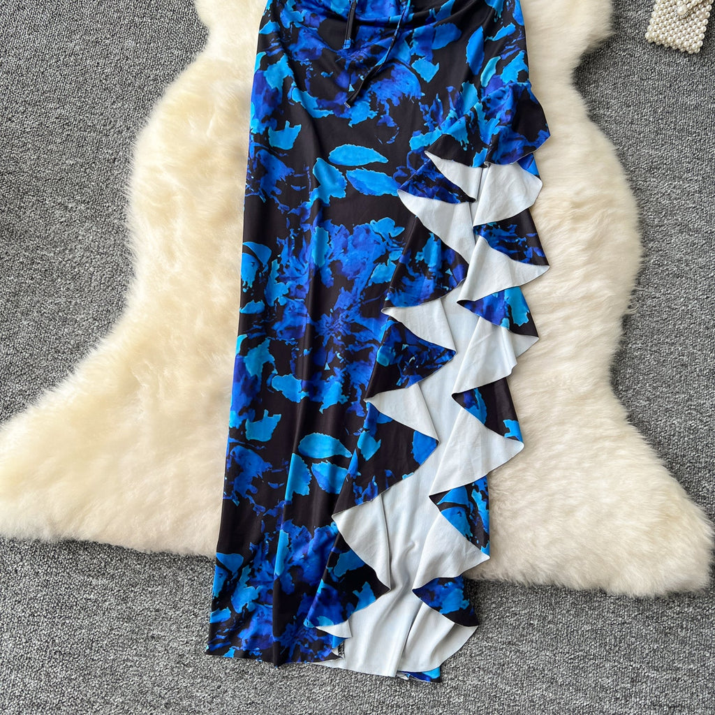 Asymmetric Ruffled Printed Halter Dress