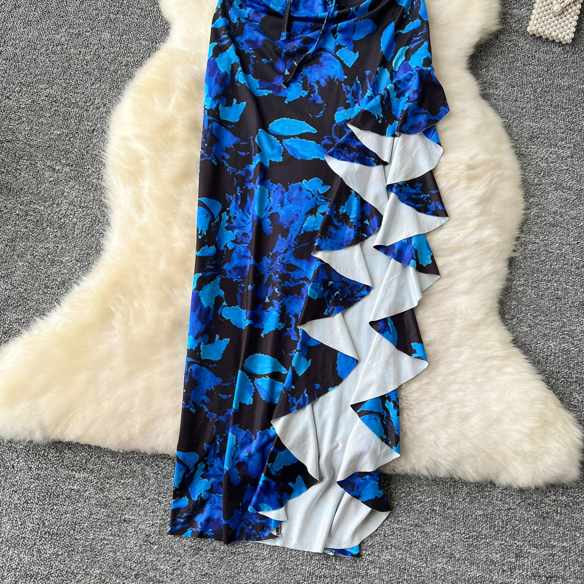 Asymmetric Ruffled Printed Halter Dress