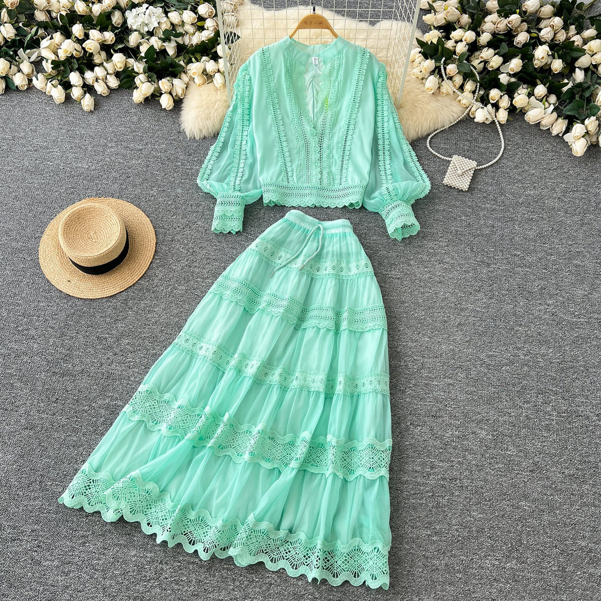V-neck Shirt&Skirt Lace Patchwork 2Pcs