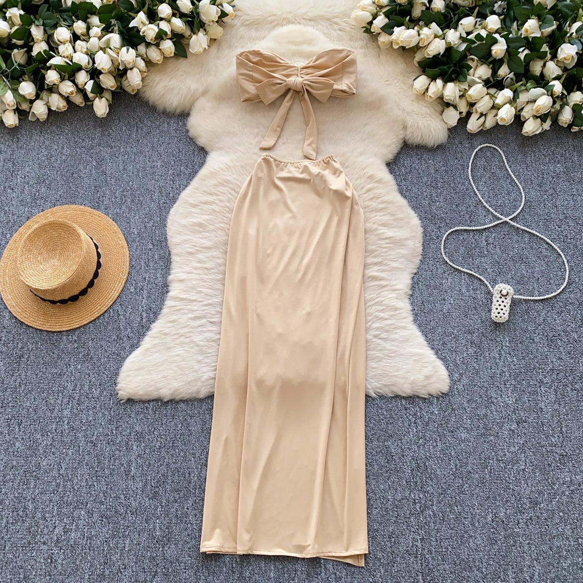 Lace-up Top & High-cut Skirt 2Pcs