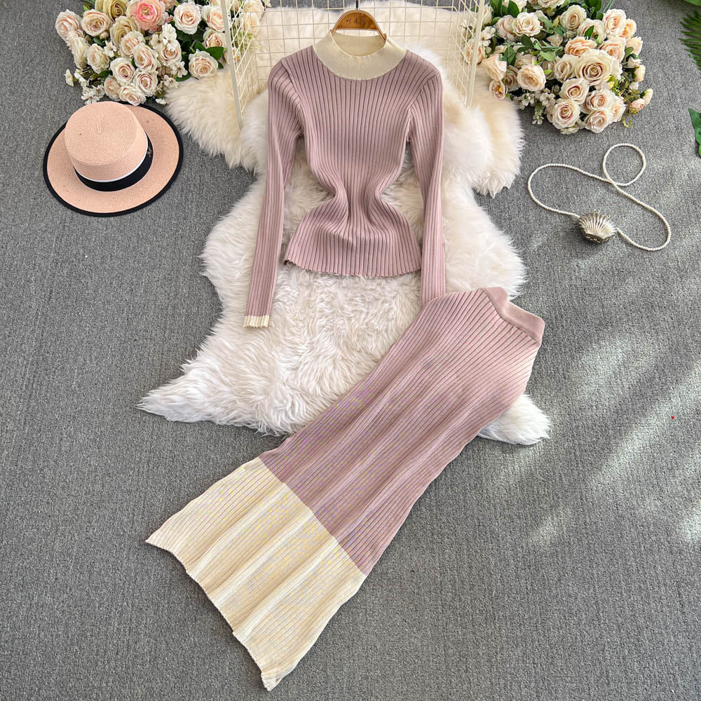 Sweater&Skirt Color-blocking Knitted 2Pcs