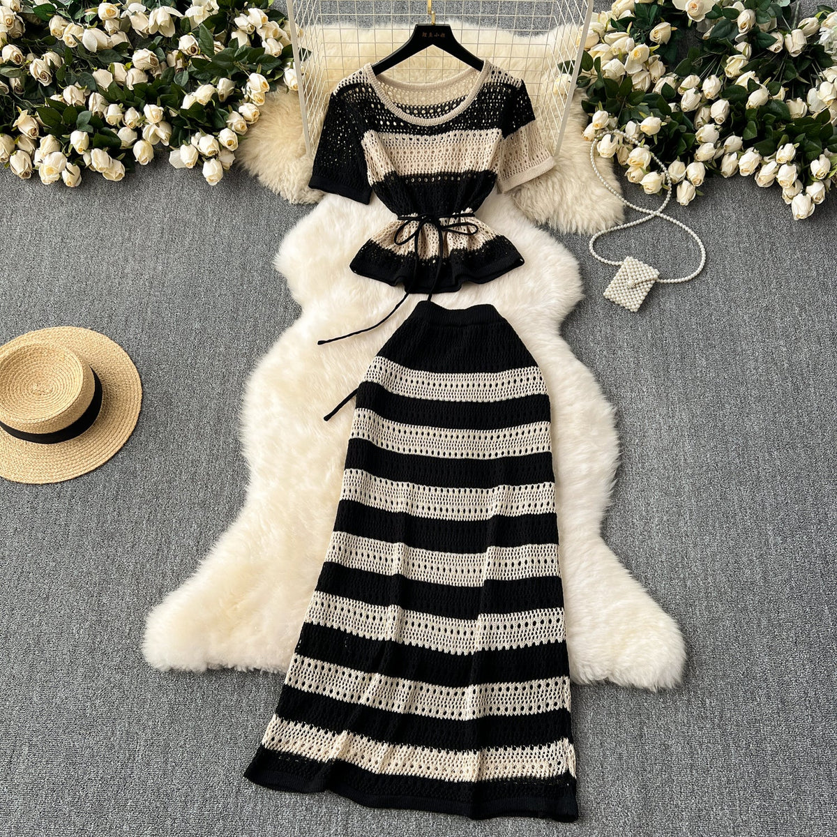 Knitwear&Skirt Color-blocking Striped 2Pcs