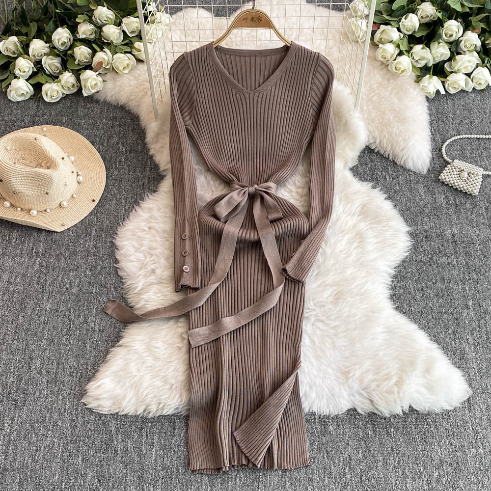 V-neck Bodycon Split Knitted Dress
