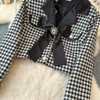 Bow Cardigan&Skirt Houndstooth 2Pcs