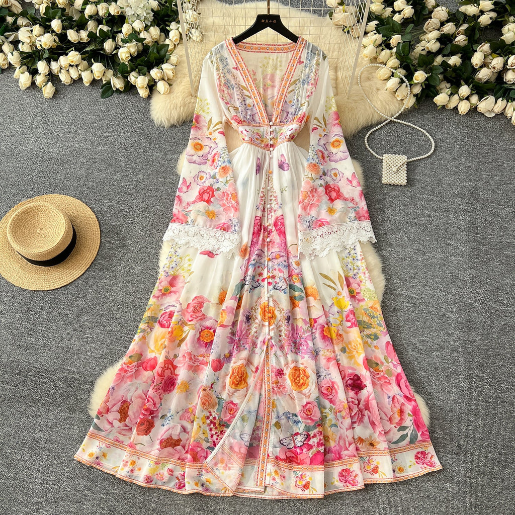 Courtly Deep V-neck Floral Shirt Dress