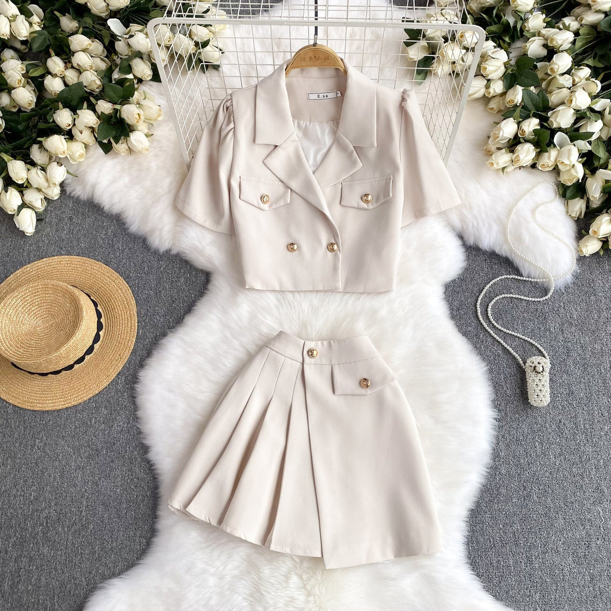 V-neck Blazer&Pleated Skirt 2Pcs