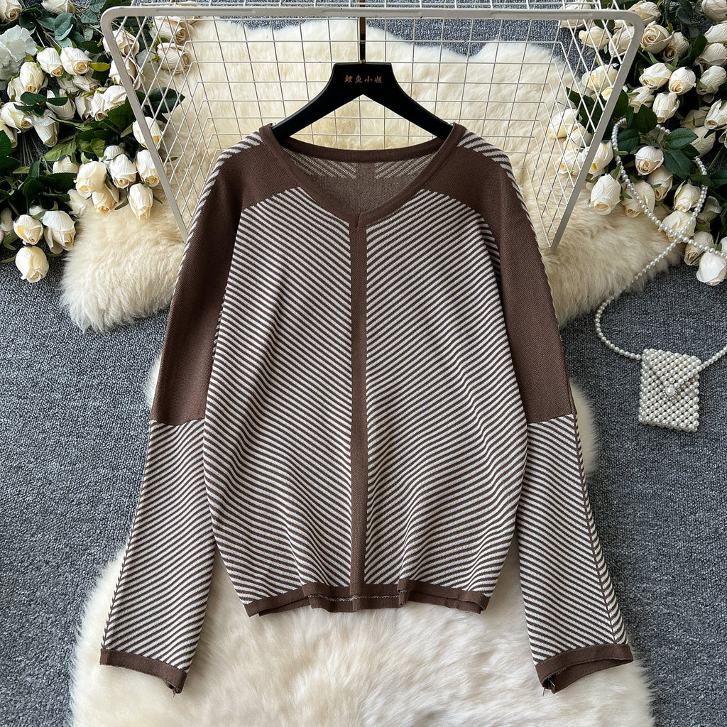 V-neck Sweater&Trousers Striped 2Pcs