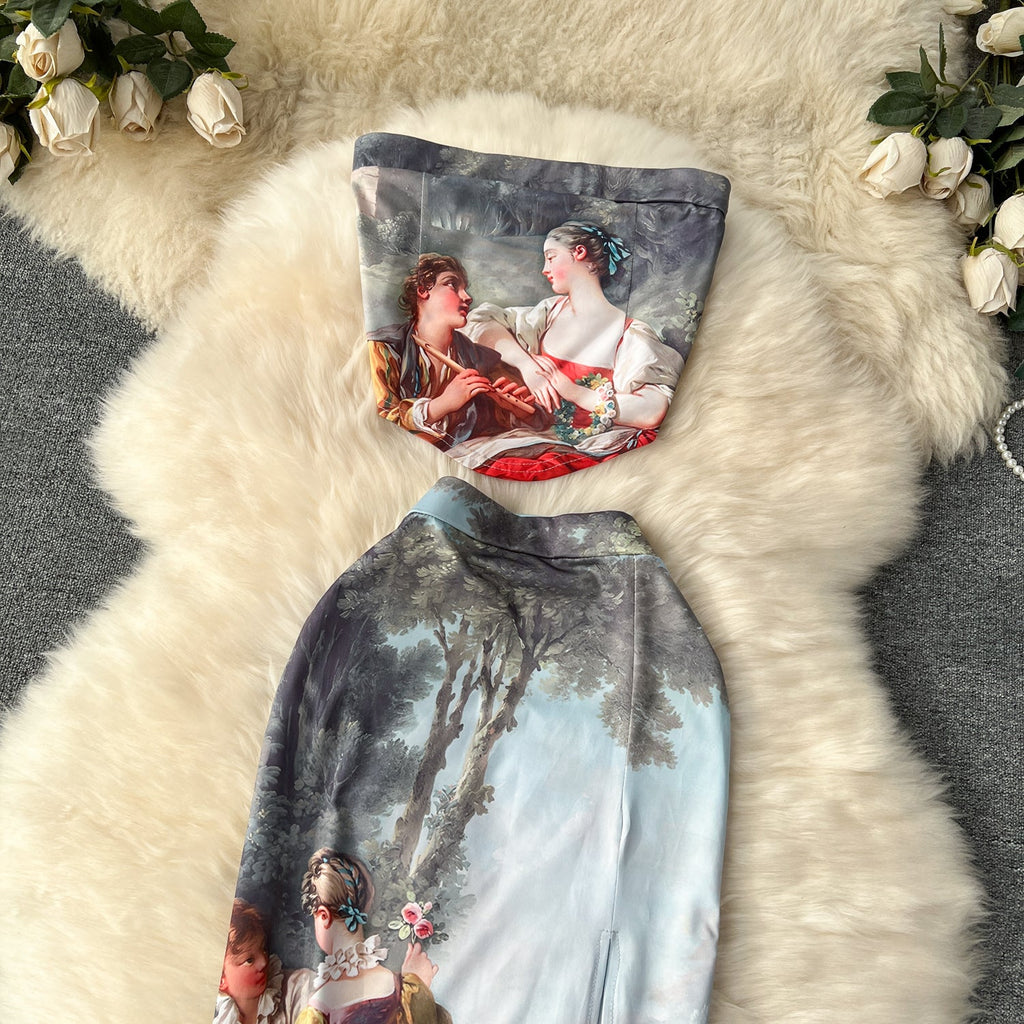 Oil Painting Printed Top&Skirt 2Pcs