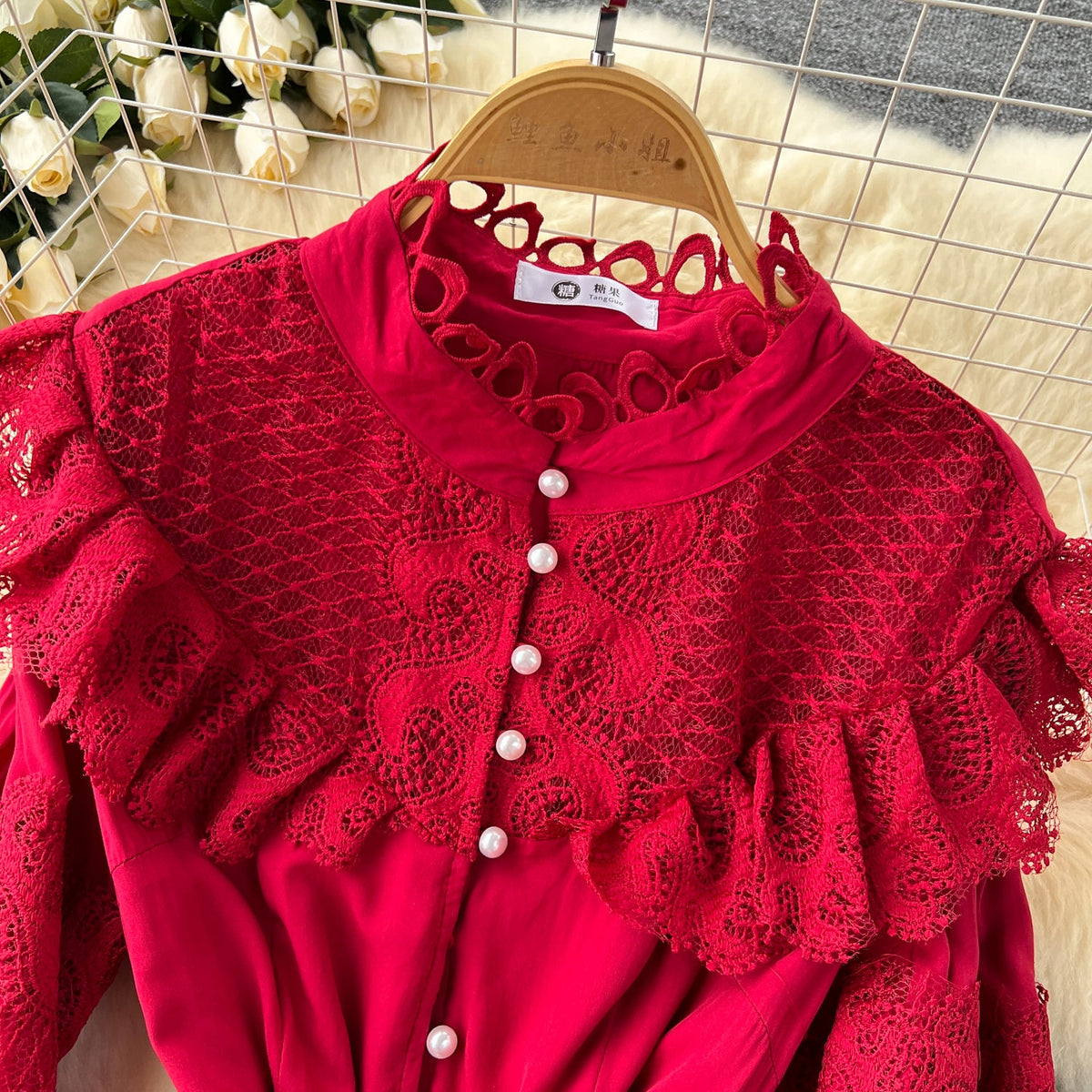 Vintage Lace Patchwork Single-breasted Dress