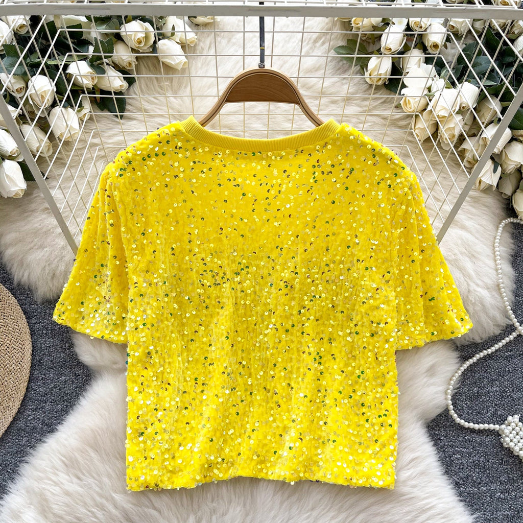 Crew Neck Sequined Short T-shirt