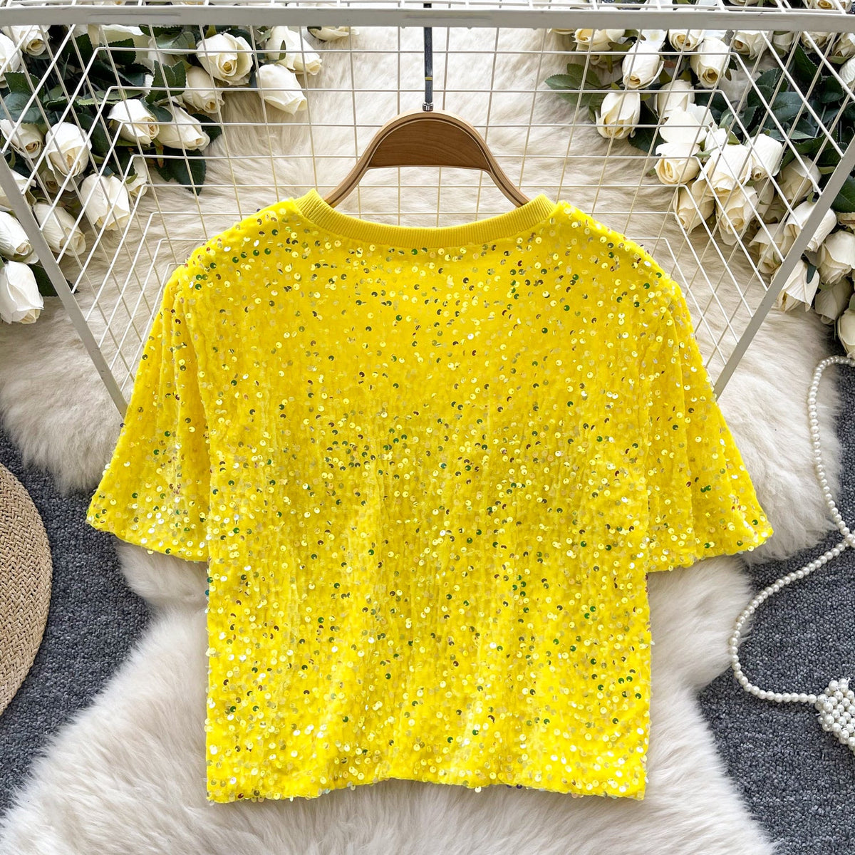 Crew Neck Sequined Short T-shirt