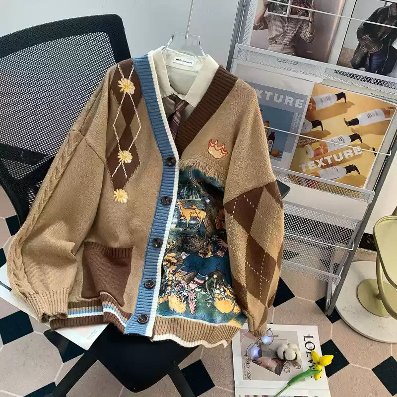 Vintage V-neck Patchwork Cardigan