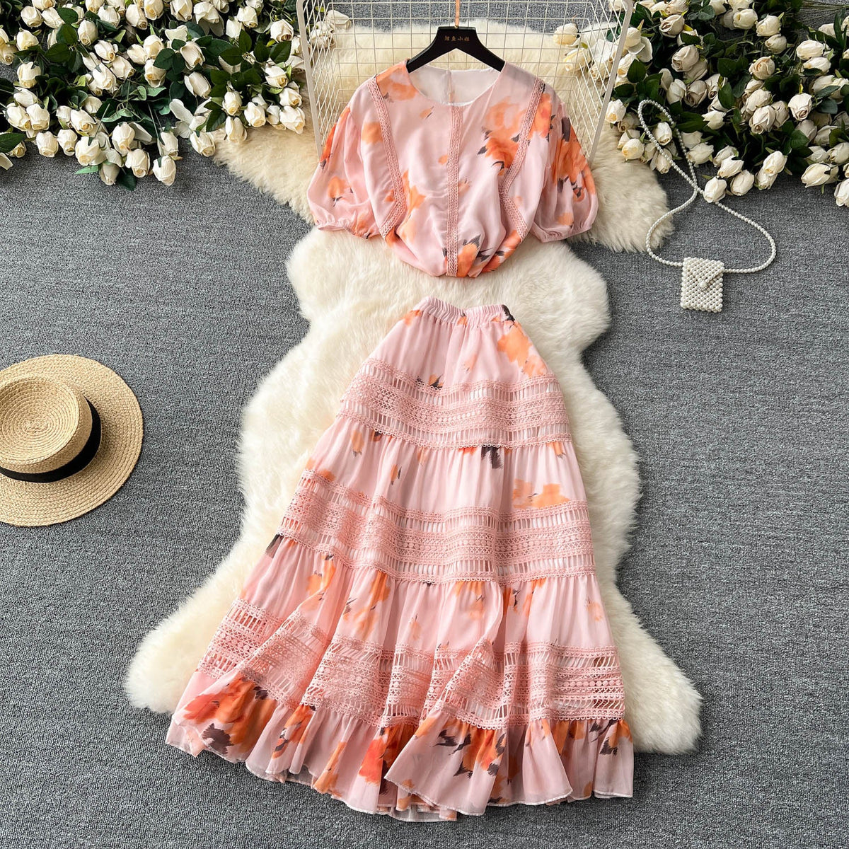 Top&Half-body Skirt Floral 2Pcs