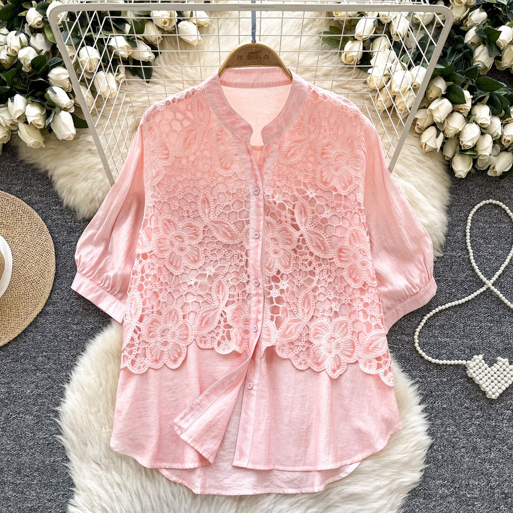 Premium Hollowed Embroidery Lace Shirt