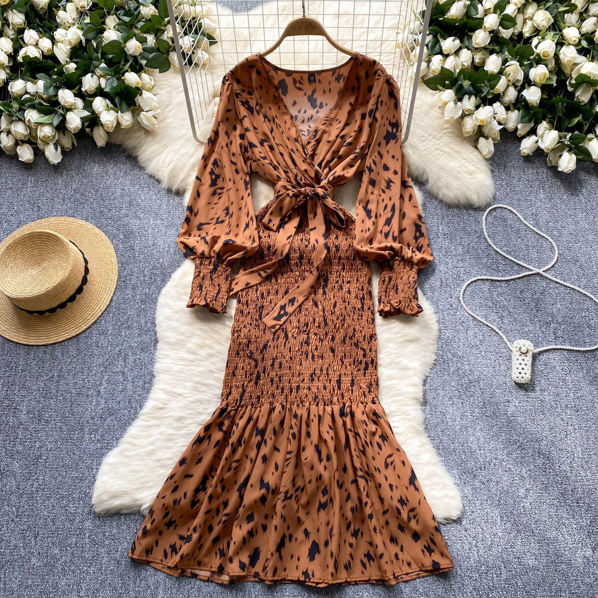 V-neck Ruffled Floral Printed Dress