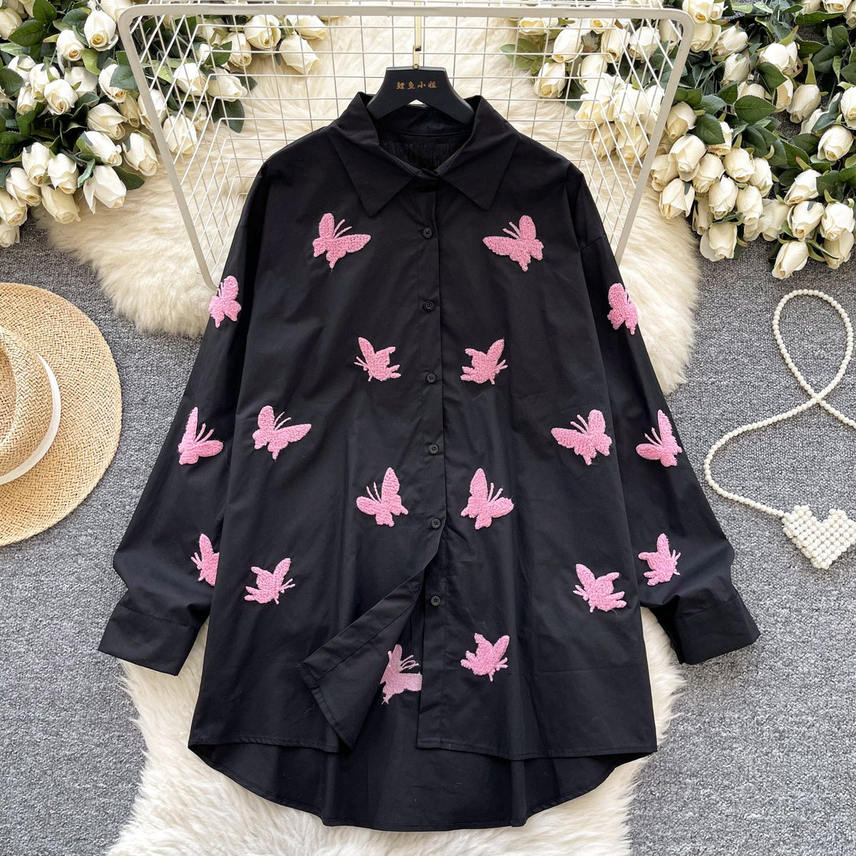 Butterfly Embroidered Loose-fit Shirt