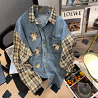 Vintage Denim Patchwork Plaid Shirt