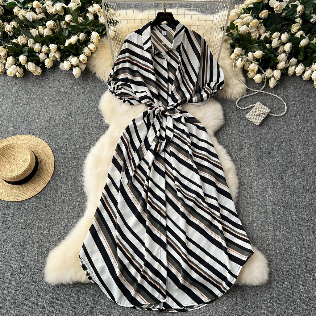 Colorful Slant Striped Shirt Dress