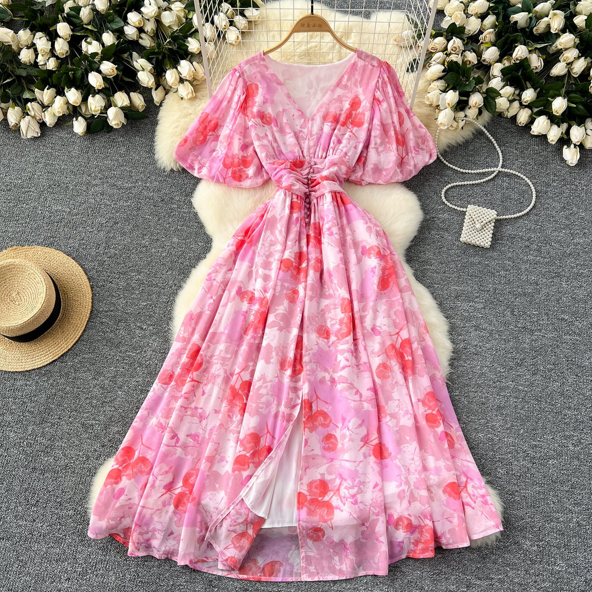 Vintage V-neck Draped Floral Dress